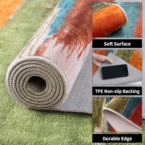 6x9 Area Rug Living Room Rug, Modern Abstract Washable Carpet Green