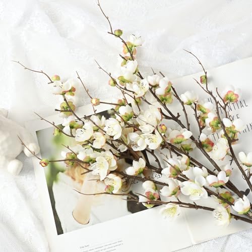 Waipfaru 4 Pcs Faux Cherry Blossom Branches, 36'' Cherry Blossom Tree Decor with Long Stems, Artificial Flowers for Tall Vases Spring Home Decoration (White)