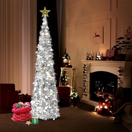 5FT Pop Up Christmas Tree with Lights and Tree Topper- Collapsible Artificial Tinsel Pencil Christmas Tree, Skinny Xmas Tree for Indoor Home Apartment Porch Holiday Party Decorations(Silver)