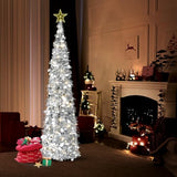 5FT Pop Up Christmas Tree with Lights and Tree Topper- Collapsible Artificial Tinsel Pencil Christmas Tree, Skinny Xmas Tree for Indoor Home Apartment Porch Holiday Party Decorations(Silver)