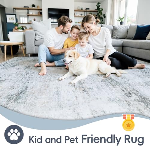 10x14 Washable Area Rug for Living Room Bedroom: Non-Slip Modern Blue Grey