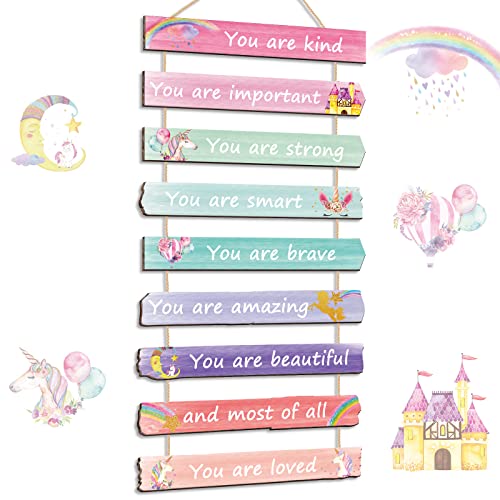 Yookeer Unicorn Rainbow Wall Art for Girls Bedroom, Inspirational Wall Decor Signs, Boho Princess Nursery Room Decor, Aesthetic Tween Girl Room Decoration for Teens