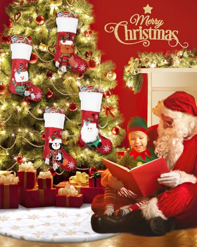 COOLWUFAN 60 Inches Faux Fur Christmas Tree Skirt for Xmas Tree Holiday Party Decoration White Plush Gold Sequin Snowflake (Gold)