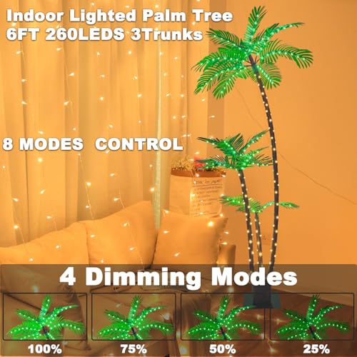 SOSHOT 6FT Lighted Artificial Palm Tree with Three Trunks and Upgraded 260 LED Lights - Outdoor/Indoor Use, Perfect for Tiki Bars, Patios, Homes, Offices, Beaches, Yards Pool and Cruise Party