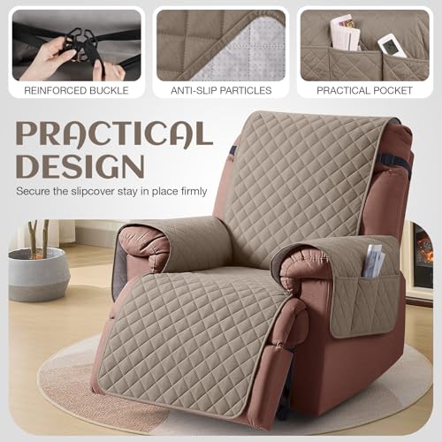 KinCam 100% Waterproof Recliner Chair Cover, Reclining Couch Covers for Pets, Dogs, Recliner Couch Slipcover Furniture Protector with Elastic Straps for Kids(23.6", Taupe)