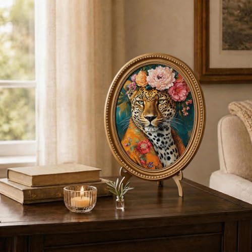 Regal Leopard Oval Wall Decor, Maximalist Leopard Oil Painting Style Wood Wall Art, Exotic Wildlife Wood Ornament for Desk Living Room Bedroom, 11.2 x 9 Inch