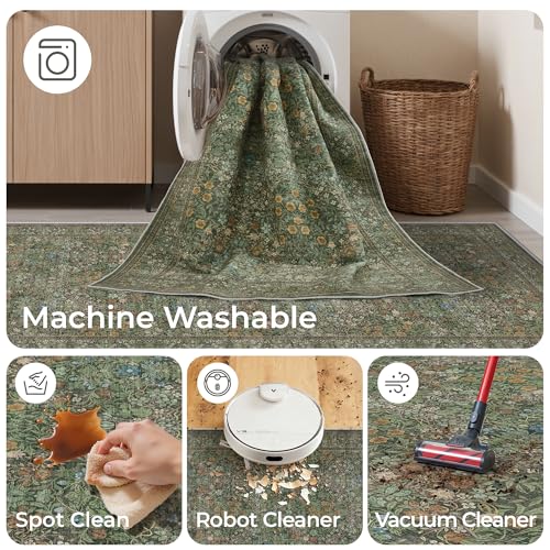 2x6 Runner Rug, Green Floral Rug for Entryway, Moynesa Washable Kitchen Rugs with Rubber Backing, Thin Soft Botanical Runners for Hallways, Bedroom, Laundry, Bathroom(2'x6', Dark Green)