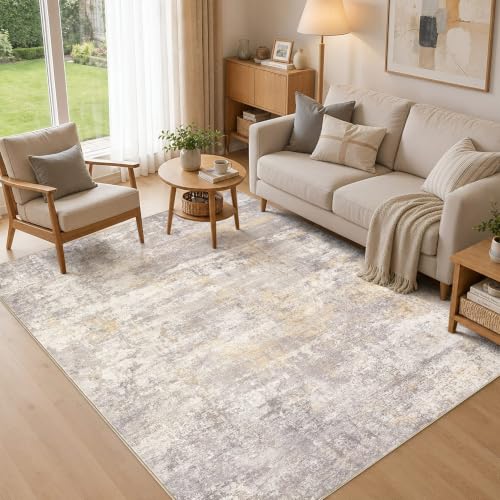 5x7 Area Rugs Living Room: Washable Abstract Rug Gold Grey Brown