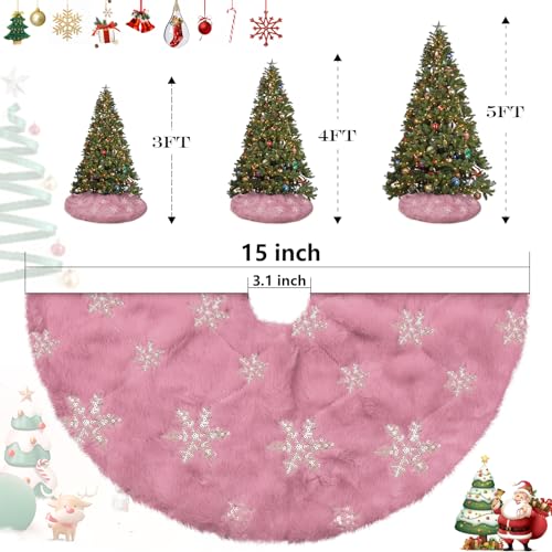 Spring Easter Mini Pink Faux Fur Tree Skirt, 15'' Small Pink Tree Rug with Silver Snowflake, Fluffy Furry Decorations for Pencil Slim Tabletop Tree