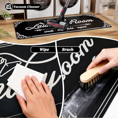 Non-Slip Laundry Room Rug Runner 17.3"x47.2" Washable Floor Cushioned Rubber Carpet Black Bathroom Hallway Mudroom Kitchen Mat for Farmhouse Entryway Washroom Decor Accessories