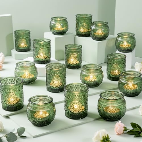 36 Pcs Green Candle Holders Bulk for Wedding Table Centerpieces - Assorted Glass Tea Light Holders for Vintage Wedding Table Centerpieces, Bridal or Baby Shower Decoration