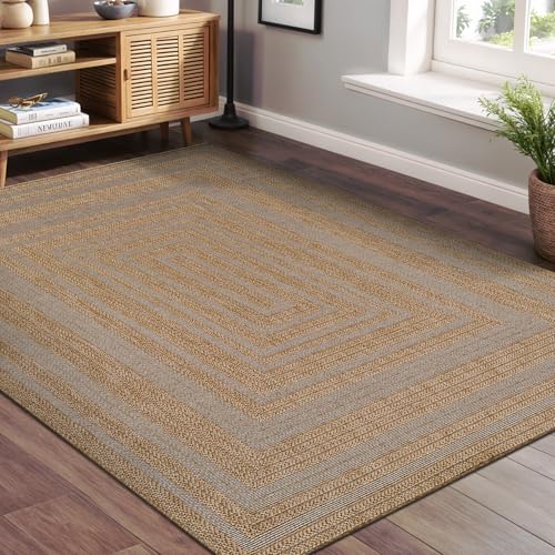 Beverly Rug Easy Jute Framed Border Rug 4x6 Washable Durable Indoor Outdoor Area Rugs for Living Dining Room Patio Office Stain Resistant Non Shedding Casual Indoor Outside Carpet 4 x 6 Natural