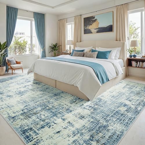10x14 Washable Area Rug for Living Room Bedroom: Non-Slip Modern Blue Gray