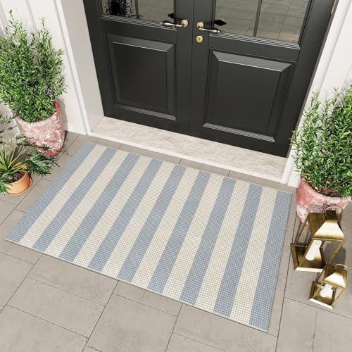 OJIA Washable Outdoor Rug 3'x5', Blue/White/Tan Outdoor Area Rug Entryway Rugs Indoor Door Mat Front Porch Rug Cotton Small Checkered Rug Floor Carpet for Entry/Patio/Bedroom/Living Room