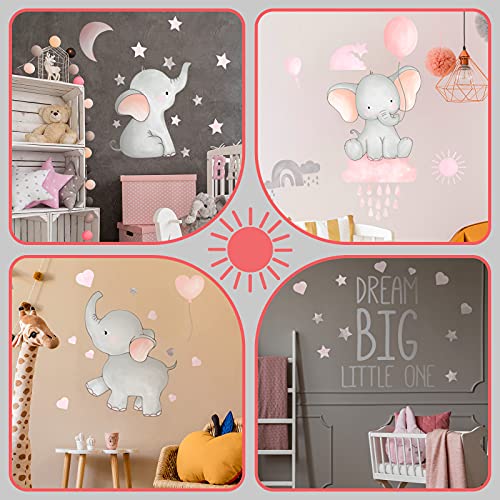 Outus 7 Pcs Dream Big Little One Elephant Nursery Wall Stickers Wall Decor Baby Room Moon Hot Air Balloon Pink Grey Stars Decals for Kids Living Room Bedroom Decorations Home Decor