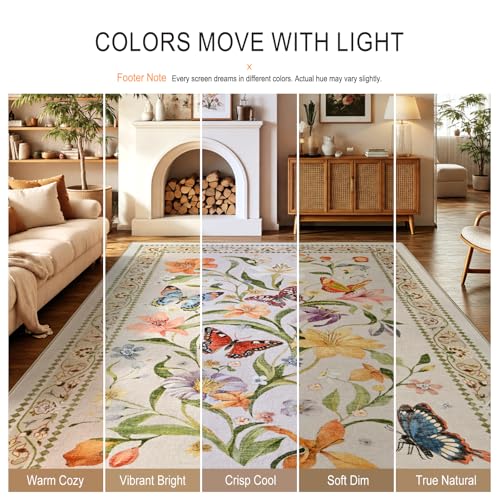 2x6 Kitchen Runner Rugs Non Slip Washable, Beige Floral Runner Rug for Hallway Bedroom Bathroom, Pet & Kids Friendly, Soft Low Pile Stain Resistant Foldable Floor Carpet