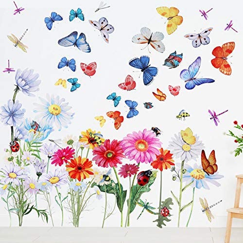 Zonon 64 Pcs Flowers and Butterflies Wall Decals, Wildflower Butterfly Dragonflies Decals for Wall, Removable PVC Garden Peel and Stick Walls Stickers Murals for Nursery Bedroom Office Decor(Colorful)