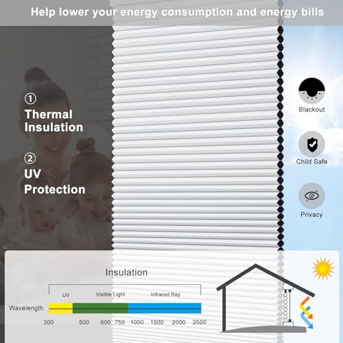 Changshade Cordless Cellular Shades, Blackout Room Darkening Black Out Honeycomb Blinds for Indoor Windows Bedroom, Pull Down Pleated Accordion Blind Easy Install, Shade Size 34" Wx72 H, White