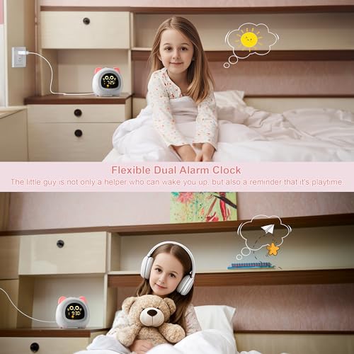 ANALOI Alarm Clock for Kids, Ok to Wake Clock for Kids with Eye Protection Sleep Training Auto Off Feature 10 Night Light Dual Alarm for Bedroom, Kids Alarm Clock Pink Cat Gifts for Girls