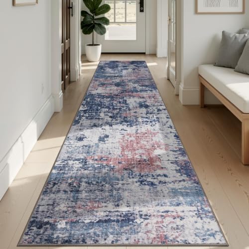 Sasttie 2x12 Runner Rug, Modern Abstract Hallway Carpet, Pink & Blue