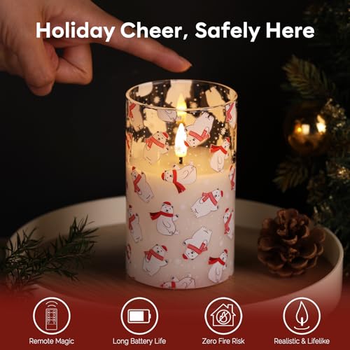 Bear Christmas Glass Flameless Pillar Candles with Remote Set of 3