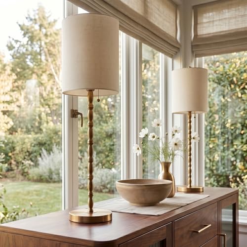 Buffet Lamps Set of 2, 28.5" Tall Brass Finish Lamps for Entryway, Hallway, Console Table, Dining Sideboard or Living Room, UL Certified with Pull Chain, Linen Shade, Urban Luxury Style