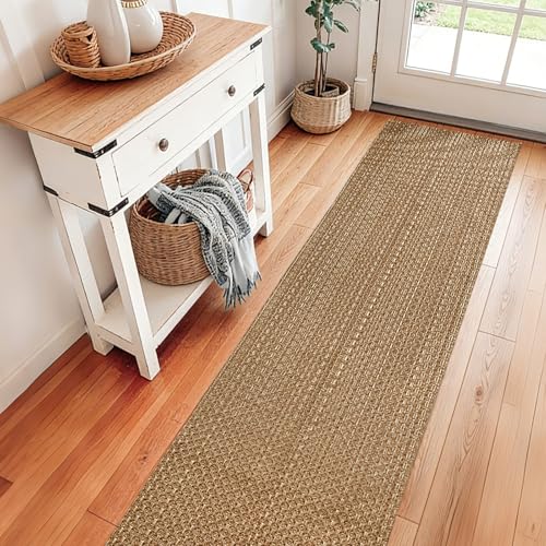 Tan Brown Boho Faux Jute Runner Rug 2x10 ft,Braided Farmhouse Non Slip Rug