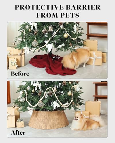 Rustic Farmhouse Christmas Tree Collar - Holiday Decorations - Natural Woven Wicker Tree Base Cover, Basket Ring for Artificial Trees, Stable & Odorless