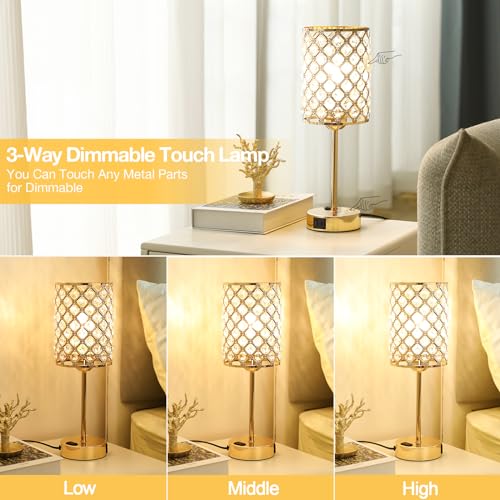 Hong-in Gold Lamps for Night Stands-Crystal Table Lamp with USB-C+A & AC Charging Ports, 3-Way Dimmable Nightstand Touch Lamp, Bedside Desk lamp for Bedroom Living Room Home Office