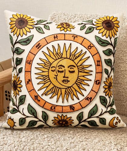 Embroidered Throw Pillow Cover 20x20 Inch, Sunflower Moon