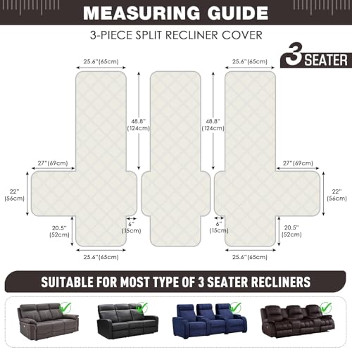 TAOCOCO 100% Waterproof Recliner Sofa Cover Non Slip Couch Cover for 3 Seat Reclining Sofa, Split Reclining Couch Covers 3-Piece with Straps, Washable Sofa Slipcover for Kids Pets(3 Seater, Chocolate)