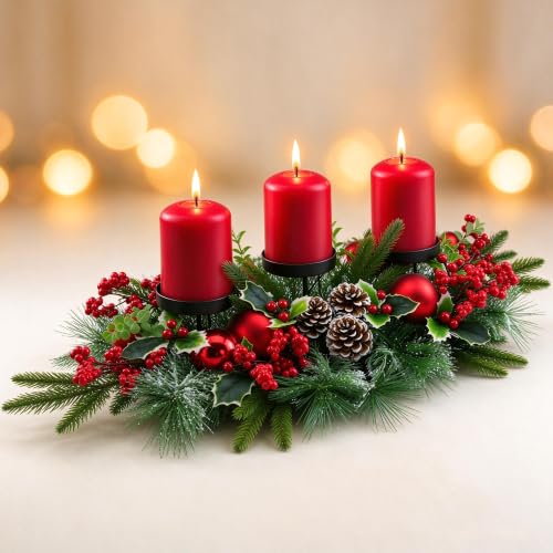 YULETIME 28" Christmas Triple Candelabrum, Red Baubles, Berries, Pine Cones