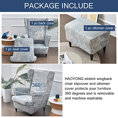 HAOYONG Stretch Wing Chair Cover Set Ottoman Slipcover 2 Pieces Wingback Chair Slipcover and and 1 Piece Rectangle Storage Stool Cover Removable Armchair Sofa Covers for Living Room Bedroom