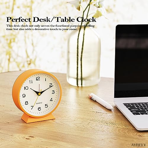 AYRELY® 4.5" Analog Alarm Clock,Small Retro Desk Clock Battery Operated,Slient Metal Table Clock with Light for Living Room Decor,Bedroom,Bedside,Shelf (Orange-Yellow)