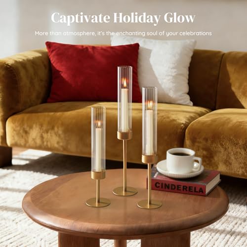 Gold Hurricane Taper Candle Holders: Glasseam 3Pcs Brass Candlestick Holders with Ribbed Glass Cylinder Cover Fluted Tall Candle Sticks Holder Decor for Table Centerpiece Wedding Christmas Decorations
