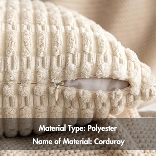 MIULEE Pack of 2 Corduroy Decorative Throw Pillow Covers 20x20 Inch Soft Boho Striped Pillow Covers Modern Farmhouse Home Decor for Sofa Living Room Couch Bed Cream White