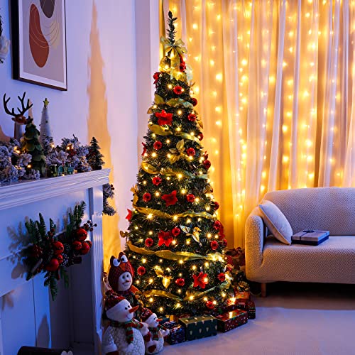 Decoway Pre Lit Pre Decorated Christmas Tree Pop Up Christmas Tree and Warm White LED Lights,Holiday Party Decorations,Red Gold (Yellow, 6 FT)