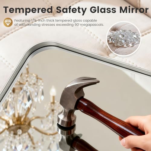 24X28 Inch Brushed Nickel Bathroom Mirror for Wall, Brushed Silver Metal Framed Mirror, Rounded Rectangle Silver Bathroom Mirrors, Tempered Glass
