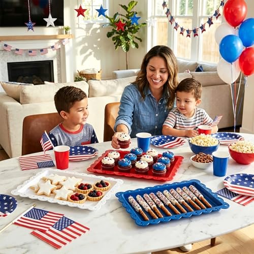 AnyDesign 12Pcs Patriotic Plastic Serving Tray Red Blue White Rectangle Serving Dish 4th of July Dessert Display Tray Platter with Wavy Edge for Independence Day 250th Anniversary Table Decor