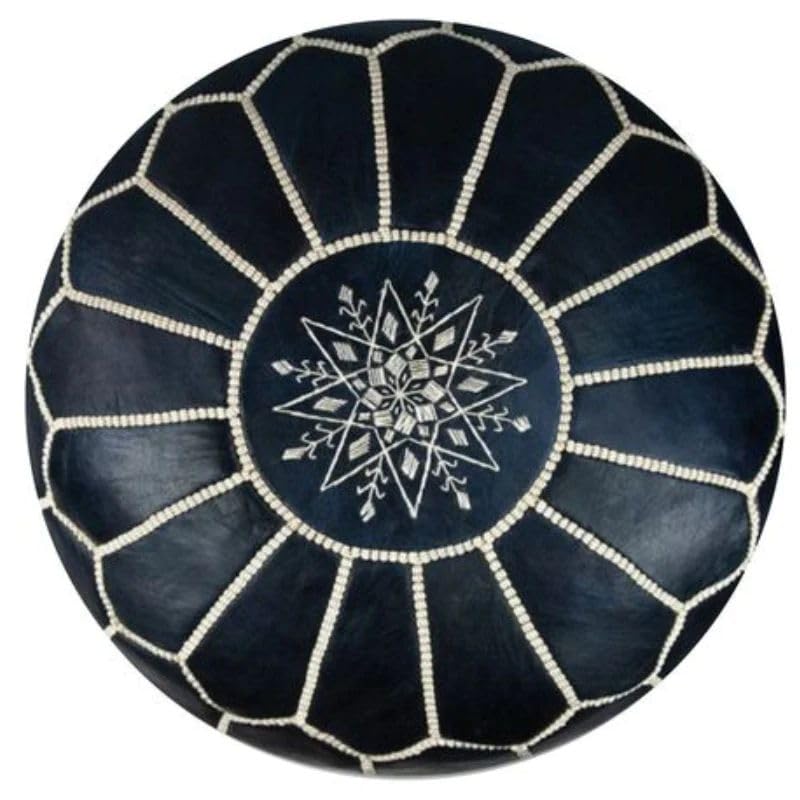 Genuine Leather Moroccan Ottoman Unstuffed Round Pouf - Black Color
