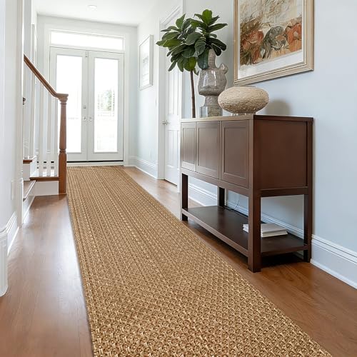 Tan Brown Boho Faux Jute Runner Rug 2x10 ft,Braided Farmhouse Non Slip Rug