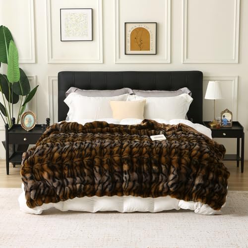 MERRYLIFE Luxury Thick Plush Tiger Print Faux Rabbit Fur Throw Blanket Ultra-Plush Cozy Soft Decorative Blanket Use for Couch Bed Travel (Tiger, 60"*80")