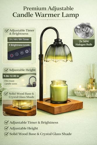 Candle Warmer Lamp, Candle Warmer for Jar Candles with Timer Dimmer & Adjustable Height, Flameless & Safe, Wood Base, 2 Bulbs Included – Home Decor for Bedroom & Relaxation, Housewarming Gift