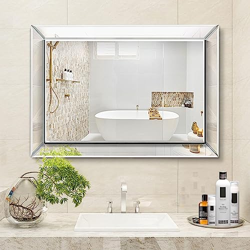 Pregaspor Wall Mirror for Bathroom, 24" x 36" Rectangular Frameless Vanity Mirror, Polished Beveled for Over Sink