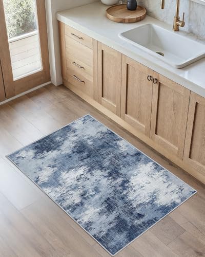 AMADA 2x4 Modern Abstract Washable Area Rug for Entryway Dark Blue