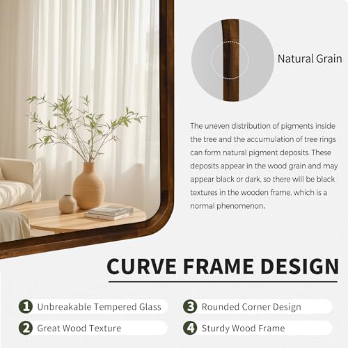 Wood Bathroom Mirror for Wall,Rectangle 24 x 36 inch Hanging Vanity Brown Tempered Mirrors with Rounded Corner for Living Room,Bedroom,Entryway (Walnut, 24x36 Inch)