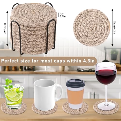 OIAHOMY 10 Pcs Drink Coasters with Holder, Boho Cotton Woven Coaster Set, Absorbent Coaster Protection for Various Cups, Ideal for Coffee Tables Home Decor and Gift, 4.3 Inches, Brown