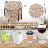 OIAHOMY 10 Pcs Drink Coasters with Holder, Boho Cotton Woven Coaster Set, Absorbent Coaster Protection for Various Cups, Ideal for Coffee Tables Home Decor and Gift, 4.3 Inches, Brown