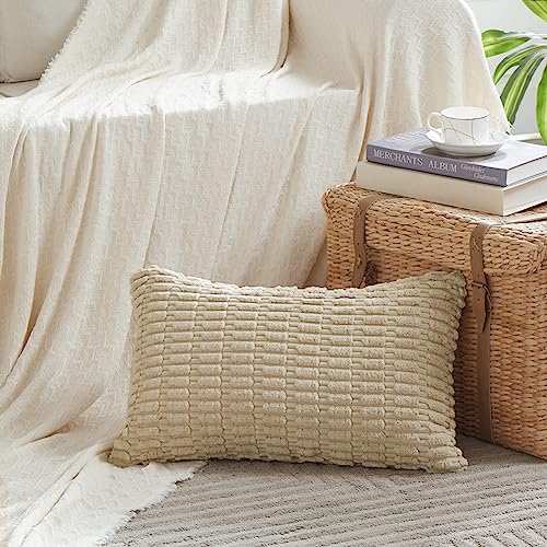 Fancy Homi Decorative Throw Pillow Covers for Bed Couch Bedroom Bench, Soft Corduroy Solid Pillow Case, Rustic Farmhouse Boho Room Decor,20" x 12" (Pack of 1),Tan