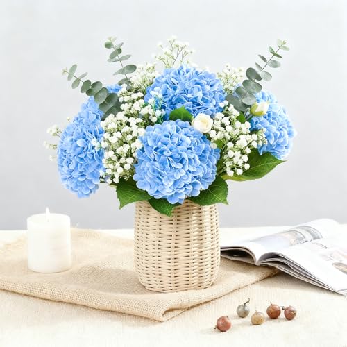 3 Pcs 21" Real Touch Blue Hydrangea Artificial Flowers with Stems, Fake Silk Flowers for Outdoors, Artificial Flowers for Home Decor Wedding Bouquets Centerpieces Vase